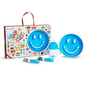 Munchkin Be Happy Toddler Dining Set Plates Cup‎ Utensils Kids Mealtime NEW